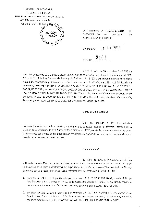 Res. Ex. N° 3164-2017 Da termino a procedimiento de modificación de concesión de acuicultura que indica.