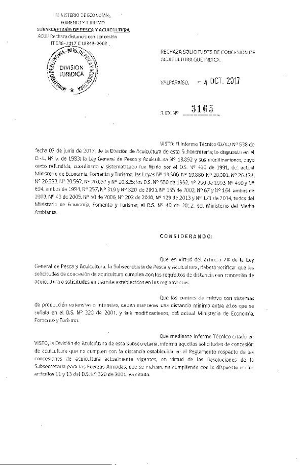 Res. Ex. N° 3165-2017 Rechaza solicitudes de concesión de acuicultura que indica.