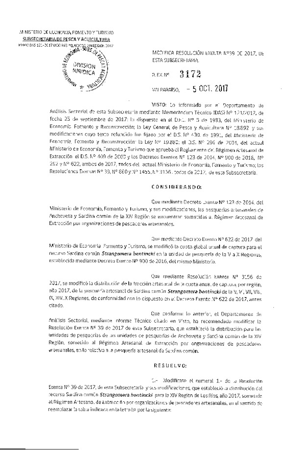 Res. Ex. N° 3172-2017 Modifica Res. Ex. N° 39-2017 Distribución de la Fracción Artesanal de Pesquería de Sardina Común, XIV Región, año 2017. (Publicado en Página Web 05-10-2017) (F.D.O. 13-10-2017)