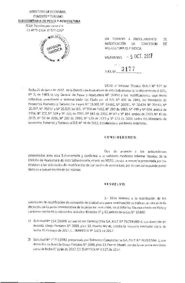 Res. Ex. N° 3177-2017 Da termino a procedimiento de modificación de concesión de acuicultura que indica.