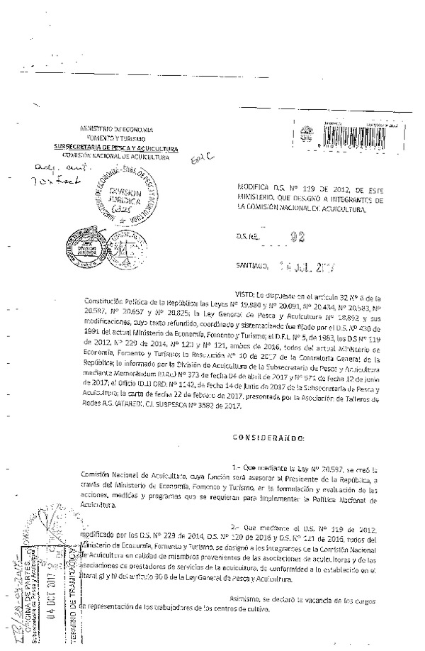 D.S. N° 92-2017 Modifica D.S. N° 119-2012 Que Designó Integrantes de la Comisión Nacional de Acuicultura. (Publicado en Página Web 11-10-2017) (F.D.O. 11-10-2017)