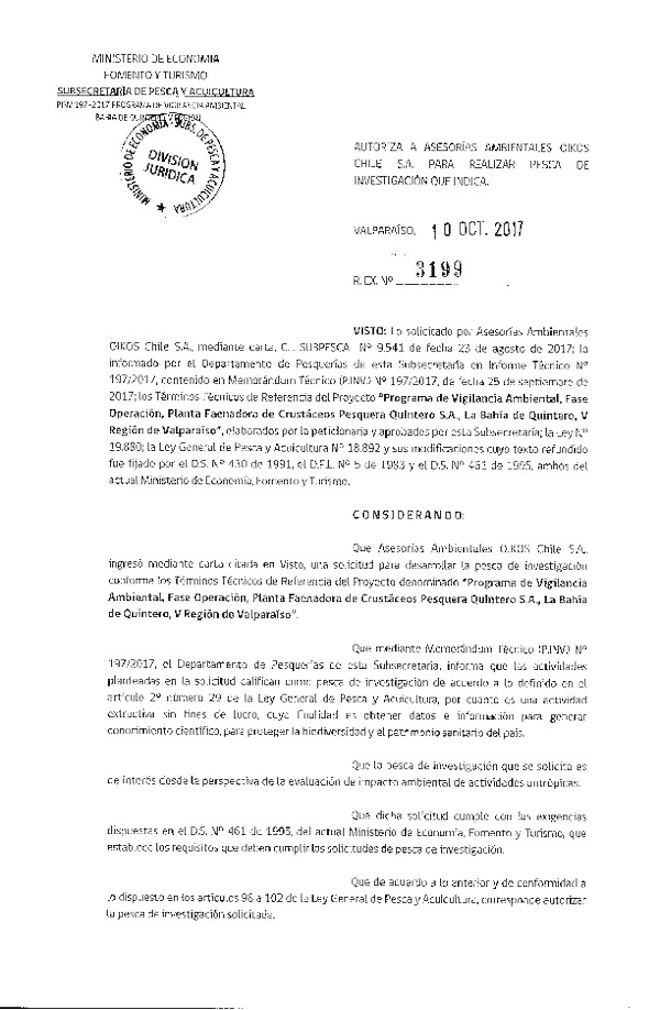 Res. Ex. N° 3199-2017 Programa de vigilancia ambiental, Bahía de Quinteros, V Región de Valparaíso.