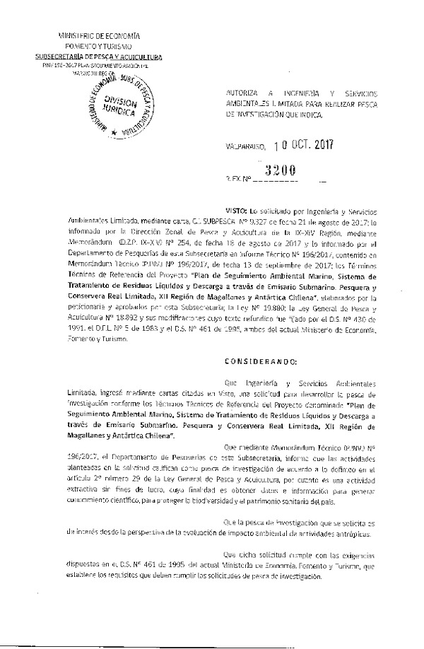 Res. Ex. N° 3200-2017 Plan de seguimiento ambiental marino, XII Región de Magallanes y Antártica Chilena.