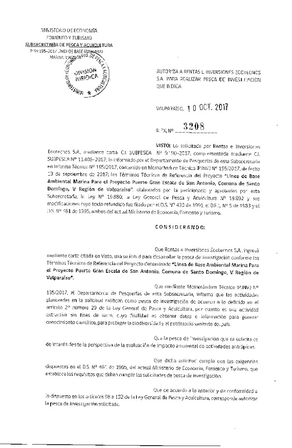 Res. Ex. N° 3208-2017 Línea de base ambiental marina, comuna de San Antonio, V Región de Valparaíso.