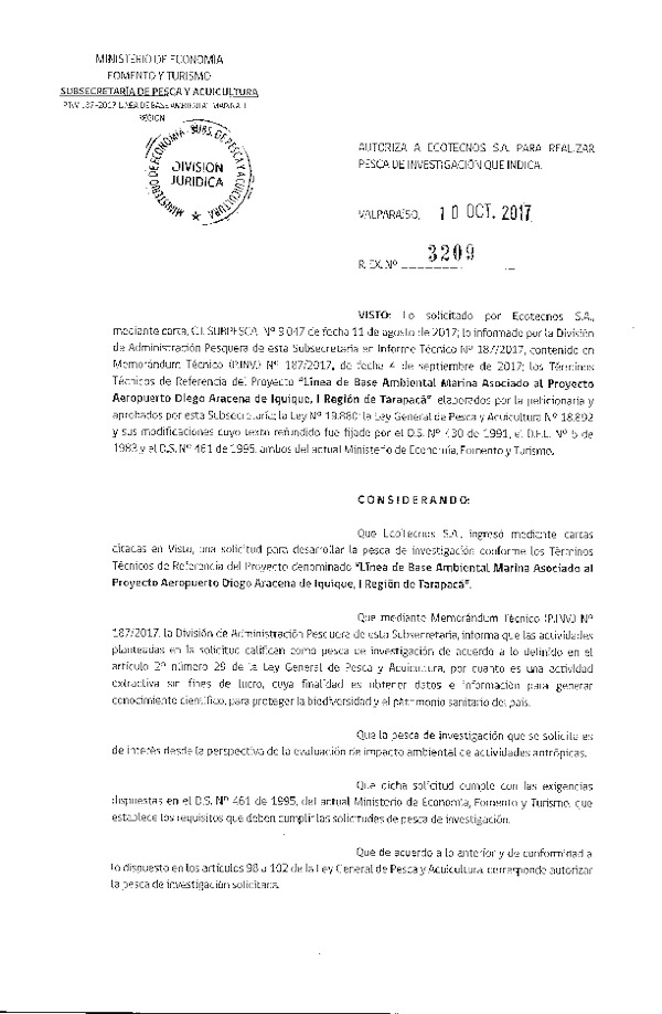 Res. Ex. N° 3209-2017 Línea de base ambiental marina, Iquique, I Región de Tarapacá.