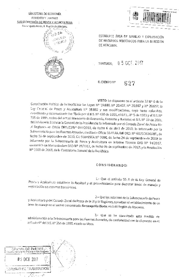 Dec. Ex. N° 627-2017 Establece Área de Manejo Sector Barranquilla Norte, III Región. (Publicado en Página Web 12-10-2017) (F.D.O. 13-10-2017)