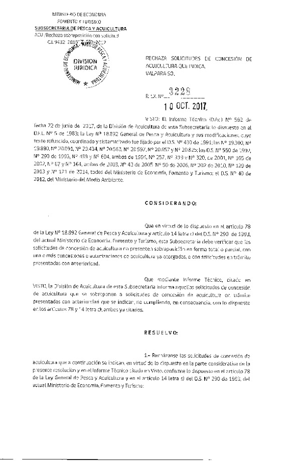 Res. Ex. N° 3228-2017 Rechaza solicitudes de concesión de acuicultura que indica.