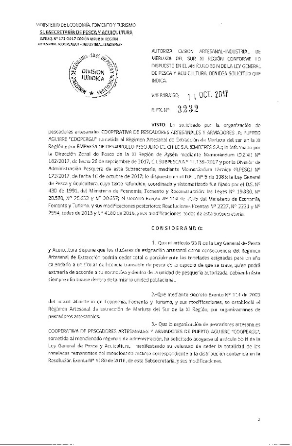 Res. Ex. N° 3232-2017 Cesión Merluza del sur XI Región.