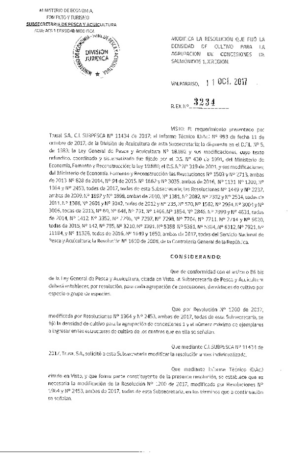 Res. Ex. N° 3234-2017 Modifica Res. Ex. N° 1200-2017 Fija Densidad de Cultivo para la Agrupación de Concesiones de Salmónidos 1, X Región. (Con Informe Técnico) (Publicado en Página Web 12-10-2017) (F.D.O. 19-10-2017)