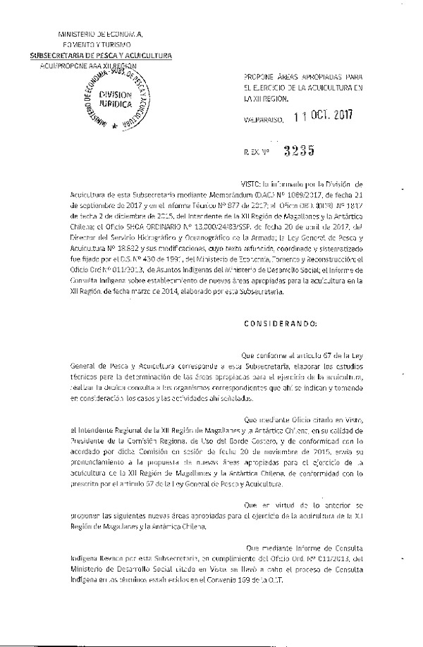 Res. Ex. N° 3235-2017 Propone áreas apropiadas para el ejercicio de la acuicultura en la XII Región. (Publicado en Página Web 12-10-2017) (F.D.O. 19-10-2017)