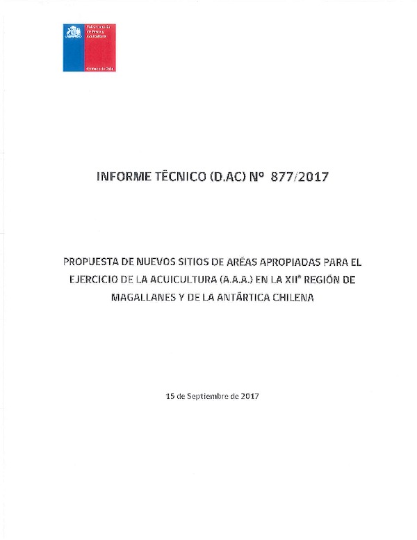 Informe Técnico 877-2017 A.A.A. Propuesta para nuevos sitios para áreas apropiadas para el ejercicio de la acuicultura en la XII Región.