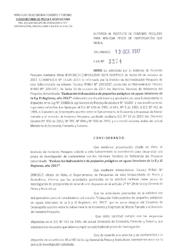 Res. Ex. N° 3274-2017 Evaluación hidroacústica de pequeños pelágicos X-XI Regiones.