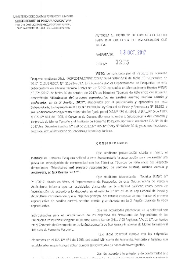 Res. Ex. N° 3275-2017 Monitoreo del proceso reproductivo de sardina austral, sardina común y anchoveta, X Región, 2017.