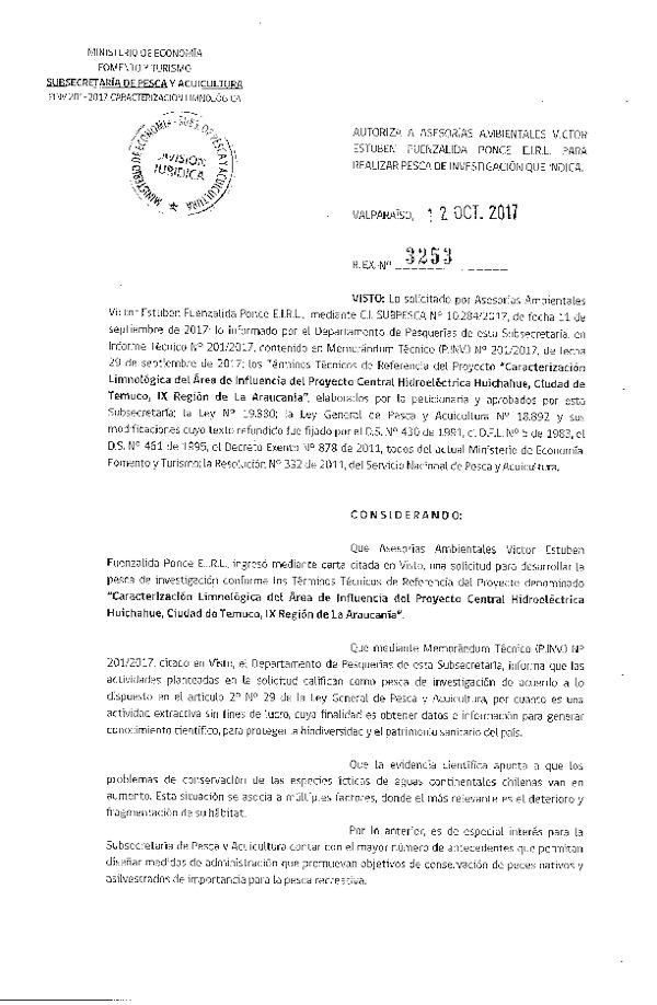 Res. Ex. N° 3253-2017 Caracterización limnológica, ciudad de Temuco, IX Región de La Araucanía.