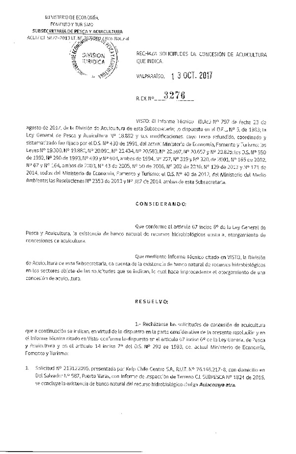 Res. Ex. N° 3276-2017 Rechaza solicitudes de concesión de acuicultura que indica.