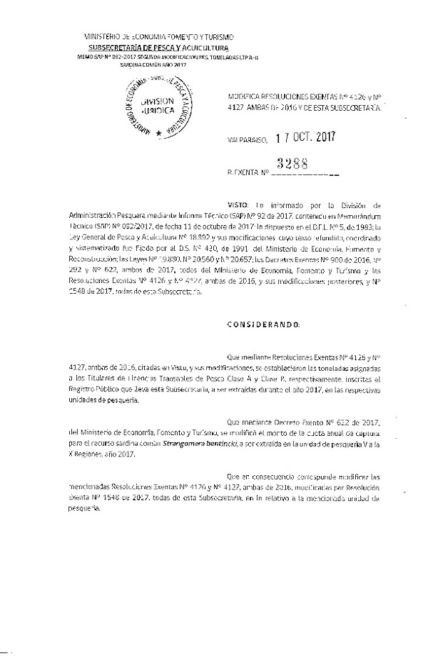 Res. Ex. N° 3288-2017 Modifica Res. Ex. N° 4126 y N° 4127, ambas de 2016, Establece Toneladas para Titulares de Licencias Transables de Pesca, Clase A, Año 2017. Fija Nómina de Titulares, Arrendatarios y Meros Tenedores. (Publicado en Página Web 18-10-2017) (F.D.O. 24-10-2017)