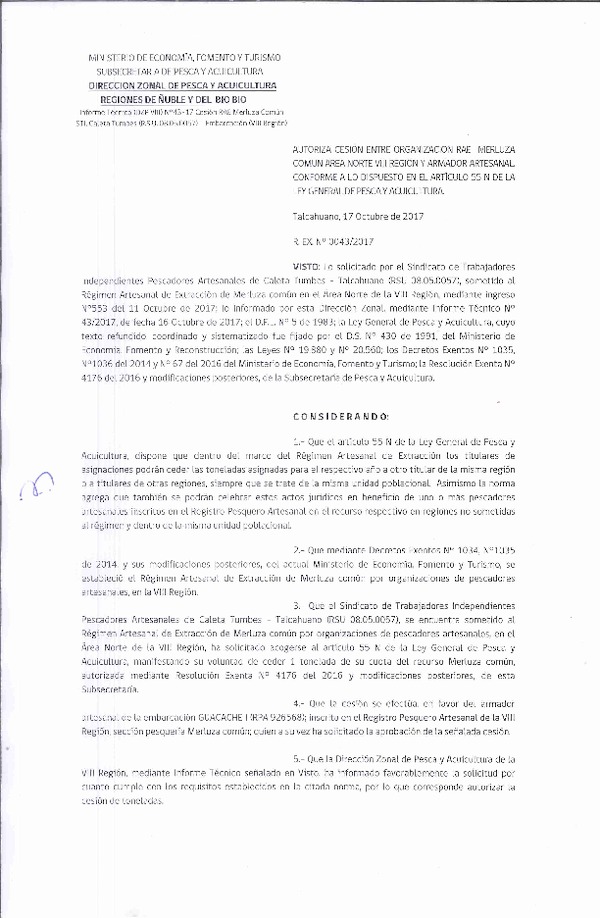Res. Ex. N° 43-2017 (DZP VIII) Autoriza Cesión Merluza común área norte, VIII Región.