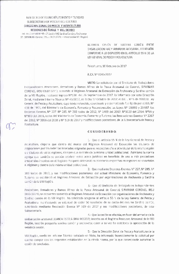 Res. Ex. N° 45-2017 (DZP VIII) Autoriza Cesión Anchoveta y Sardina común, VIII Región.