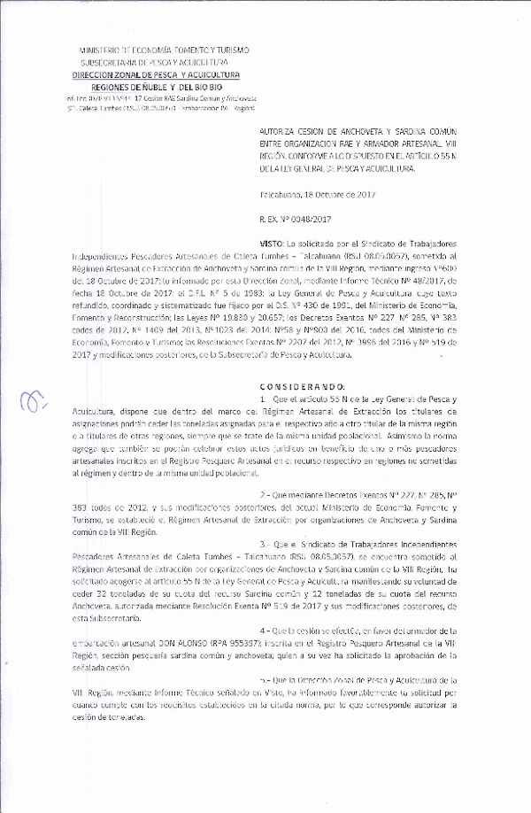 Res. Ex. N° 48-2017 (DZP VIII) Autoriza Cesión Anchoveta y Sardina común, VIII Región.