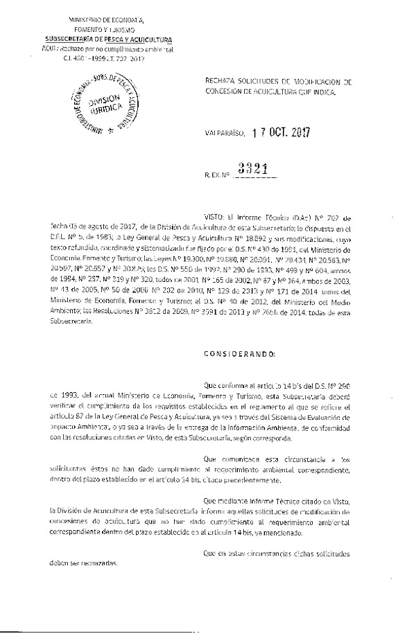 Res. Ex. N° 3321-2017 Rechaza solicitudes de modificación de concesión de acuicultura que indica.