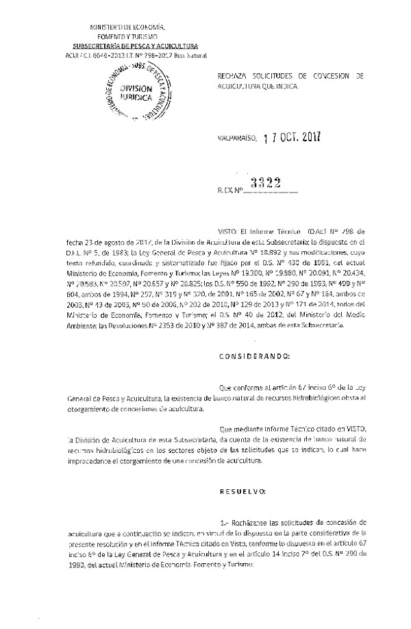 Res. Ex. N° 3322-2017 Rechaza solicitudes de concesión de acuicultura que indica.