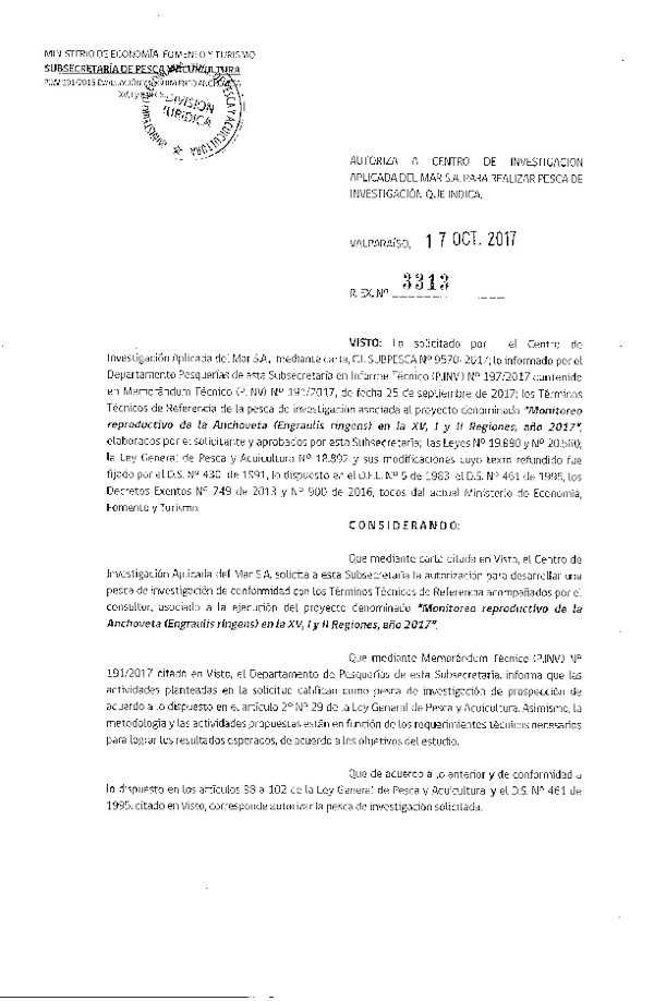 Res. Ex. N° 3313-2017 Monitoreo reproductivo de la Anchoveta, XV-II Regiones.