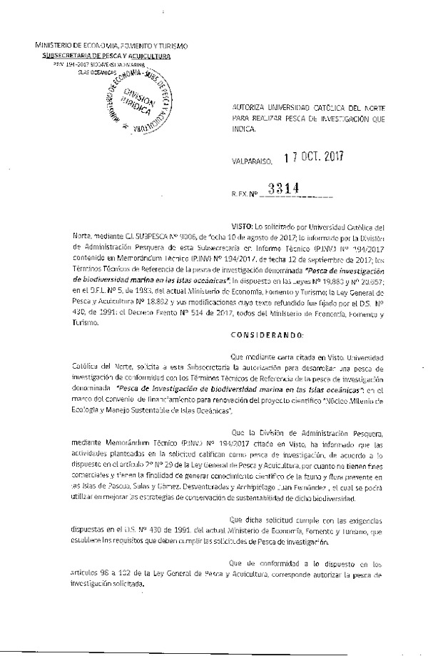 Res. Ex. N° 3314-2017 Pesca de investigación de biodiversidad marina en Islas Oceánicas.