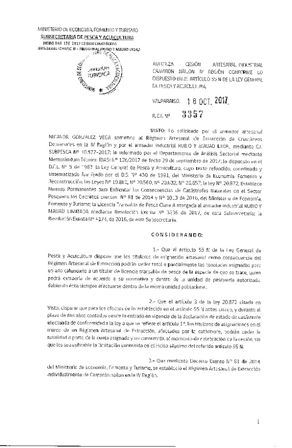 Res. Ex. N° 3357-2017 Cesión camarón nailon, IV Región.