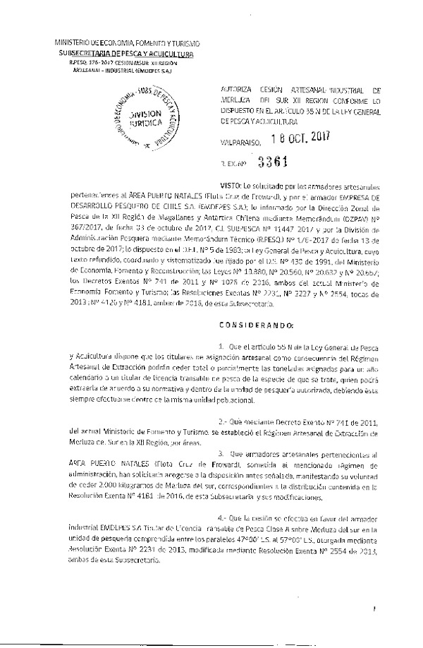 Res. Ex. N° 3361-2017 Cesión Merluza del sur, XII Región.