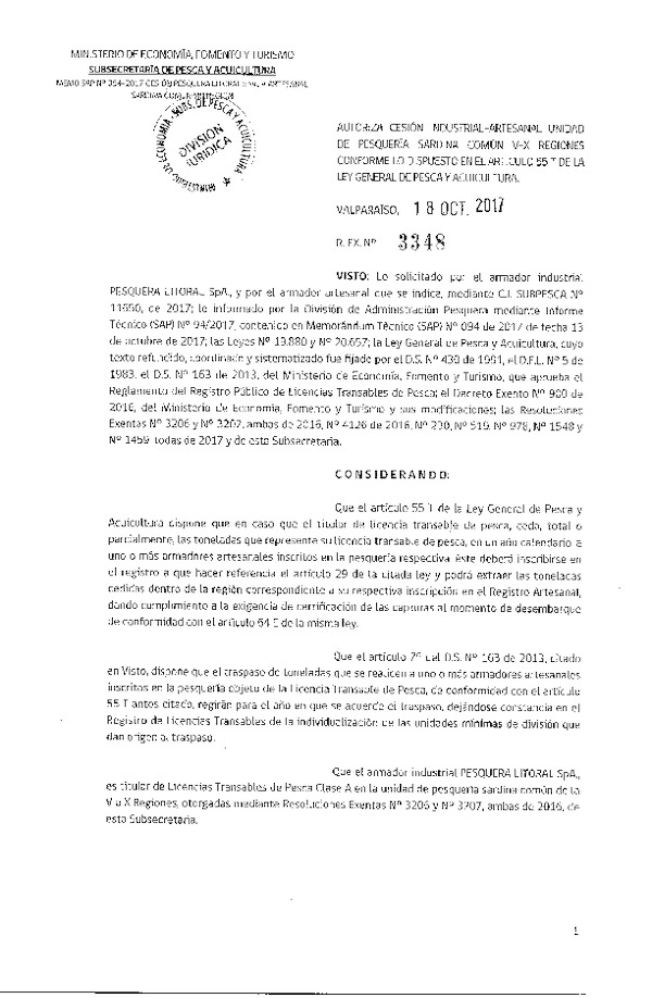 Res. Ex. N° 3348-2017 Cesión Sardina común, VIII Región.