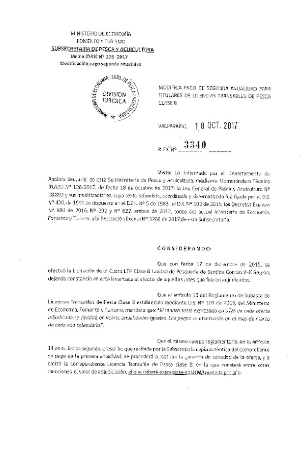 Res. Ex. N° 3340-2017 Modifica Pago de Segunda Anualidad para Titulares de Licencias Transables de Pesca Clase B. (Publicado en Página Web 20-10-2017) (F.D.O. 26-10-2017)