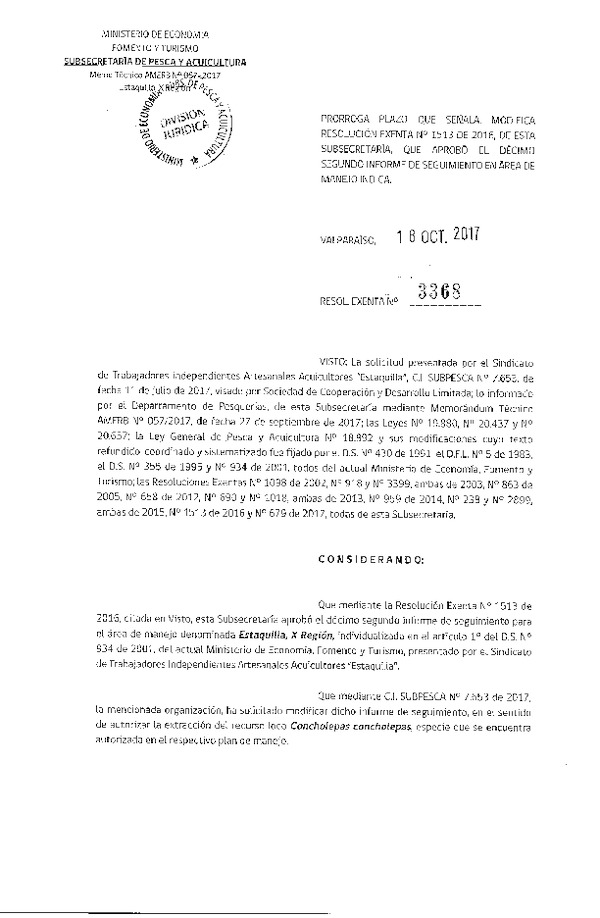 Res. Ex. N° 3368-2017 Prorroga Plazo que Indica, Modifica Res. Ex. N° 1513-2016.