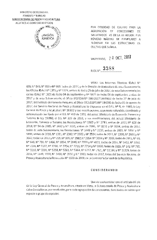 Res. Ex. N° 3388-2017 Fija Densidad de Cultivo para la Agrupación de Concesiones de Salmónidos 45 en la XII Región. (Publicado en Página Web 23-10-2017) (F.D.O. 28-10-2017)