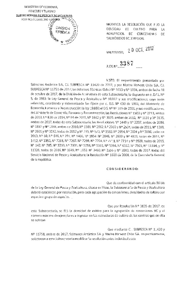 Res. Ex. N° 3387-2017 Modifica Res. Ex. N° 3135-2017 Fija Densidad de Cultivo para la Agrupación de Concesiones de Salmónidos 9 C, en la X Región. Aprueba Programa de Manejo que Indica. (Publicado en Página Web 23-10-2017) (F.D.O. 28-10-2017)