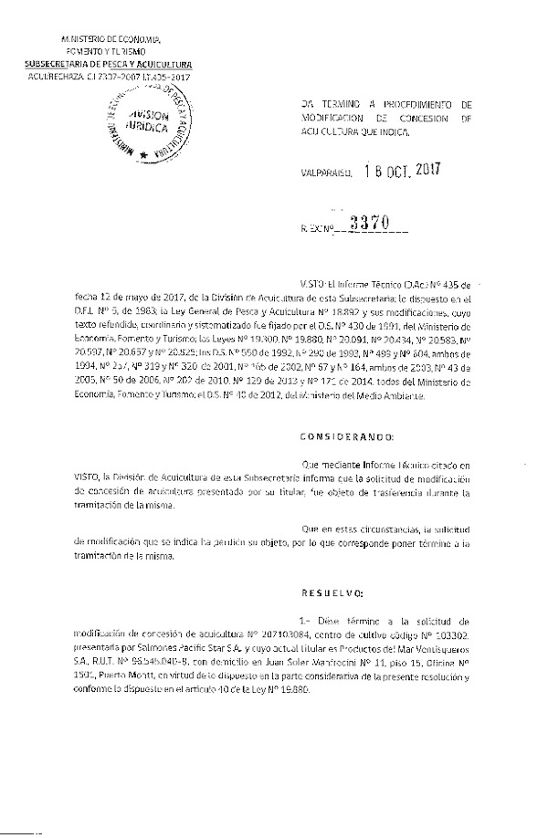 Res. Ex. N° 3370-2017 Da termino a procedimiento de modificación de concesión de acuicultura que indica.