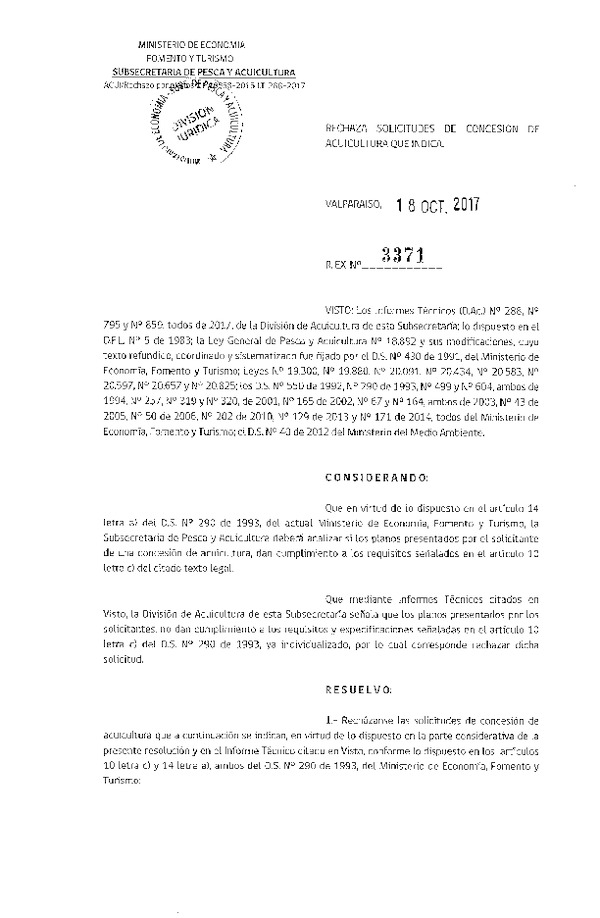 Res. Ex. N° 3371-2017 Rechaza solicitudes de concesión de acuicultura que indica.