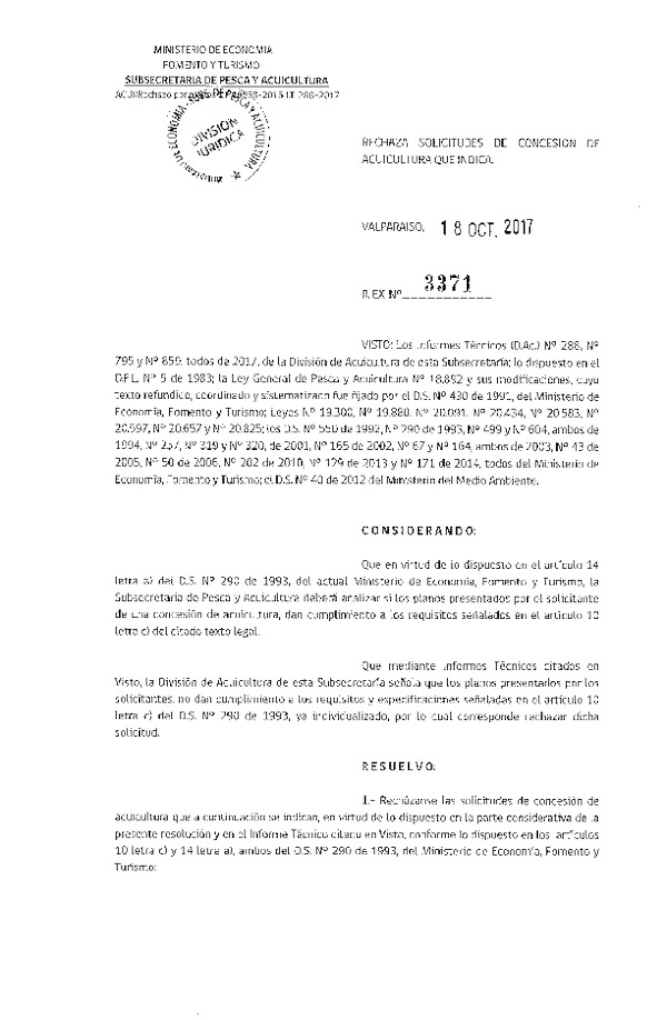 Res. Ex. N° 3371-2017 Rechaza solicitudes de concesión de acuicultura que indica.