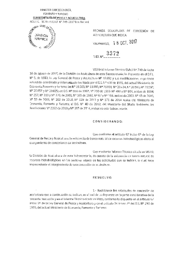 Res. Ex. N° 3372-2017 Rechaza solicitudes de concesión de acuicultura que indica.