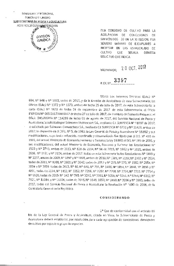 Res. Ex. N° 3397-2017 Fija Densidad de Cultivo para la Agrupación de Concesiones de Salmónidos 20 en la XI Región. (Publicado en Página Web 23-10-2017) (F.D.O. 28-10-2017)