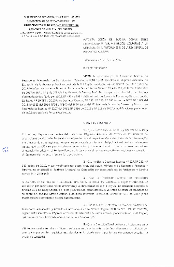 Res. Ex. N° 49-2017 (DZP VIII) Autoriza Cesión Sardina común, VIII Región.