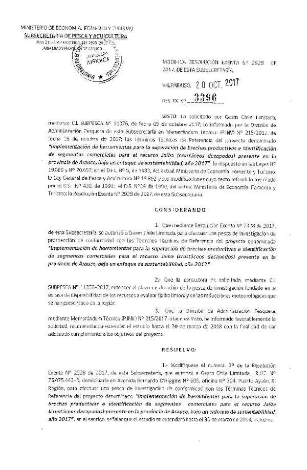 Res. Ex. N° 3396-2017 Modifica Res. Ex. N° 2928-2017 Pesca de investigación recurso jaiba, VIII Región.