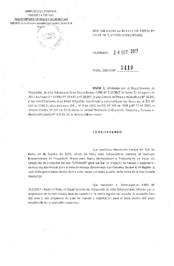 Res. Ex. N° 3419-2017 Deja sin Efecto Res. Ex. N° 536-2015.