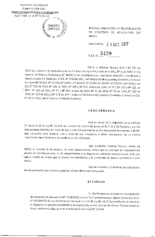 Res. Ex. N° 3420-2017 Rechaza solicitudes de relocalización de concesión de acuicultura que indica.