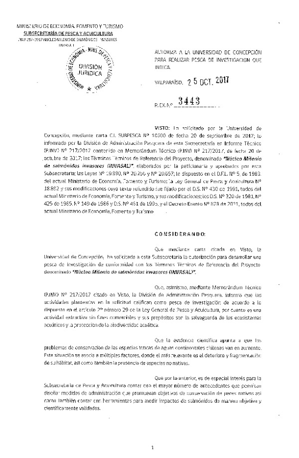 Res. Ex. N° 3443-2017 Núcleo milenio de salmónidos invasores.