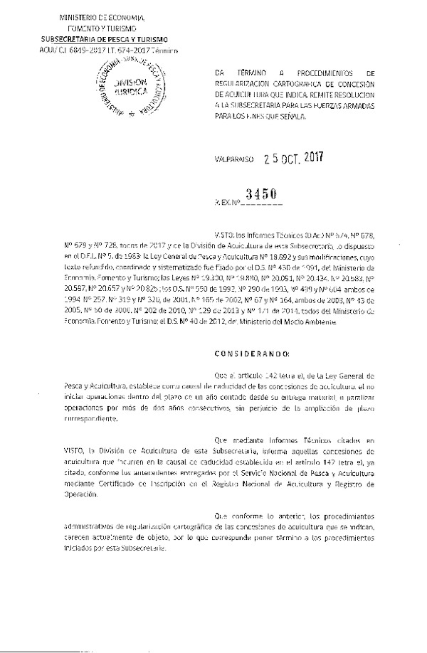 Res. Ex. N° 3450-2017 Da termino a procedimientos de regularización cartográfica de concesión de acuicultura.