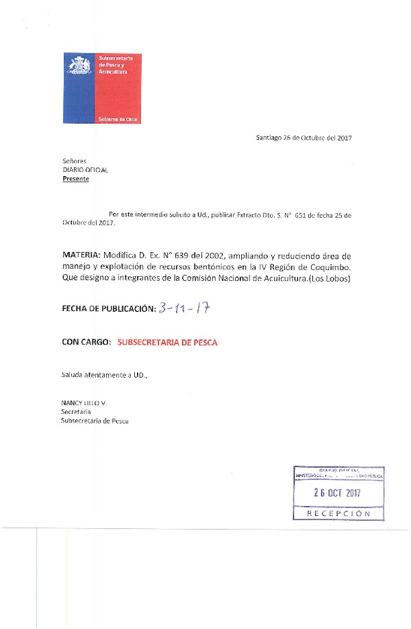 Dec. Ex. N° 651-2017 Modifica Dec. Ex. N° 639-2002 Área de Manejo Los Lobos, IV Región. (Publicado en Página Web 30-10-2017)