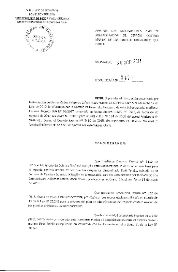 Res. Ex. N° 3477-2017 Aprueba con Observaciones Plan de Administración de ECMPO Budi Toltén, IX Región. (Publicado en Página Web 30-10-2017)