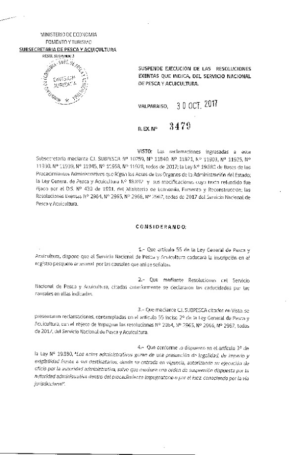 Res. Ex. N° 3479-2017 Suspende Ejecución de las Resoluciones Exentas que Indica, del Servicio Nacional de Pesca y Acuicultura. (Publicado en Página Web 30-10-2017)