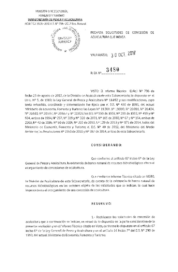 Res. Ex. N° 3480-2017 Rechaza solicitudes de concesión de acuicultura que indica.