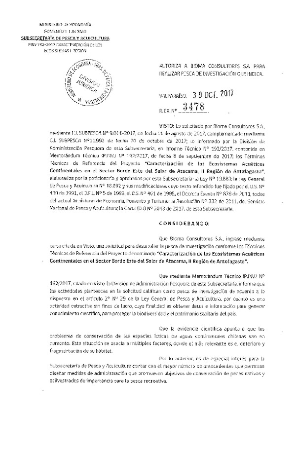 Res. Ex. N° 3478-2017 Caracterización de los ecosistemas acuáticos continentales, II Región de Antofagasta.